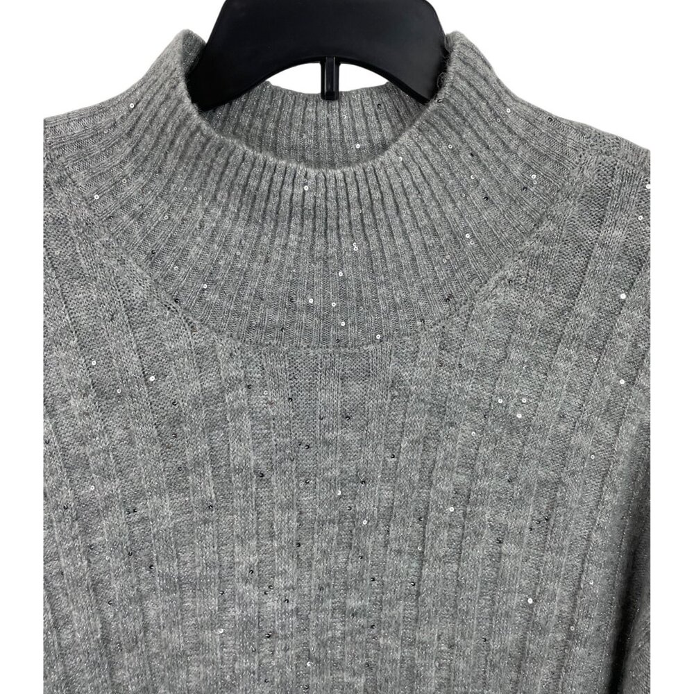 Ophelia Roe Gray Ribbed Knit Sweater Dress Sequins & High Neckline Womens Size 3 - Picture 3 of 9